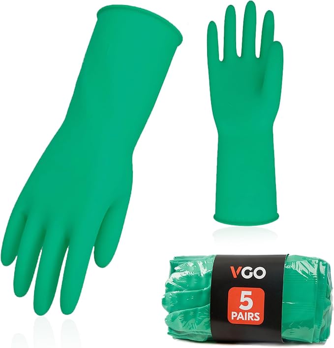 Vgo... 5-Pairs Reusable Household Gloves, Rubber Dishwashing gloves, Extra Thickness, Long Sleeves, Kitchen Cleaning, Working, Painting, Gardening, Pet Care (Size M, Green, HH4601)