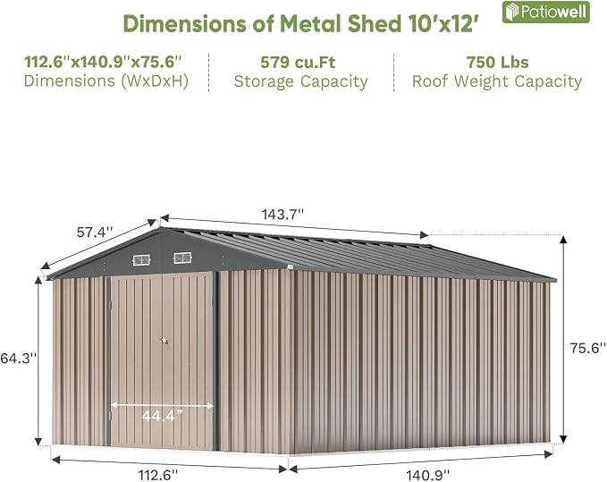 Patiowell 10x12 FT Storage Shed, Outdoor Metal Sheds, Brown | with Lockable Door & Sloping Roof, Waterproof Outside Large Garden Tool Shed with Breathable Vents for Patio Lawn Backyard