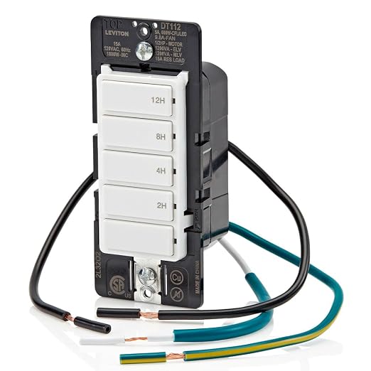 Leviton Countdown Timer Switch for household lights, heaters and exhaust fans, 2-4-8-12 hour, No Neutral Wire Required, Single Pole, 15A, 1/2 HP/9.8A Fan/Motor, DT112-1LW, White