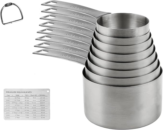 Stainless Steel Measuring Cups set of 8 measuring cups and 1 Magnetic Conversion Chart,1 Locking Ring,The Durable and Portable Kitchen Measuring Kit for Cooking and Baking