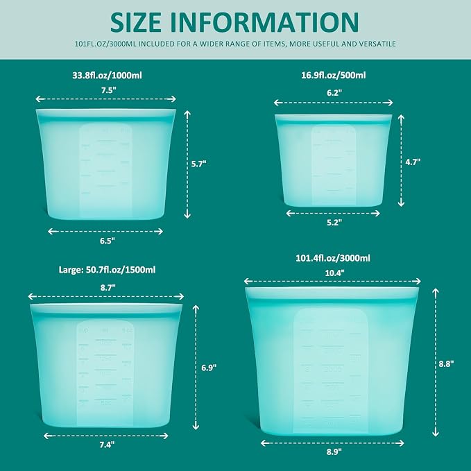 8-Pack Reusable Silicone Food Storage Bags, 100% Silicone Stand-Up Wide-Open Zip-Lock Reusable Storage Bags for Food, Freezer Microwave Oven Dishwasher Safe, Aqua, 2XL(0.8 Gallon) 2M 2S 2XS