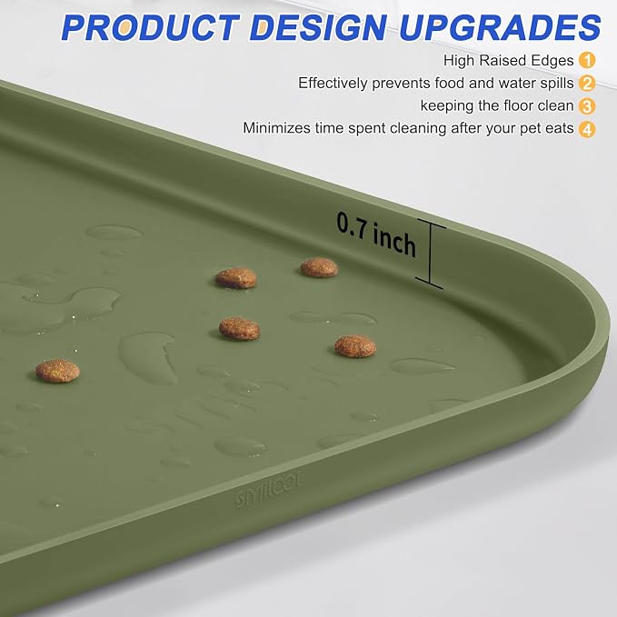 SMILOOL Waterproof Silicone Pet Food Mat with Raised Edge for Dog & Cat | 19" x 12" Non-Slip Pet Feeding Mats with Lip for Food & Water Bowl, Food Grade, Easy Cleaning, Light Olive Green
