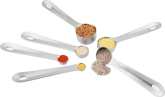 Measuring Spoons Set 6 with Flat Bottom, 18/8 Stainless Steel Measuring Spoons Set for Dry & Liquid, Metric & US Markings Measuring Tools for Kitchen & Baking
