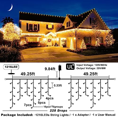 Warm White Christmas Lights Outdoor 99ft 1216 LED Icicle Lights for Outside