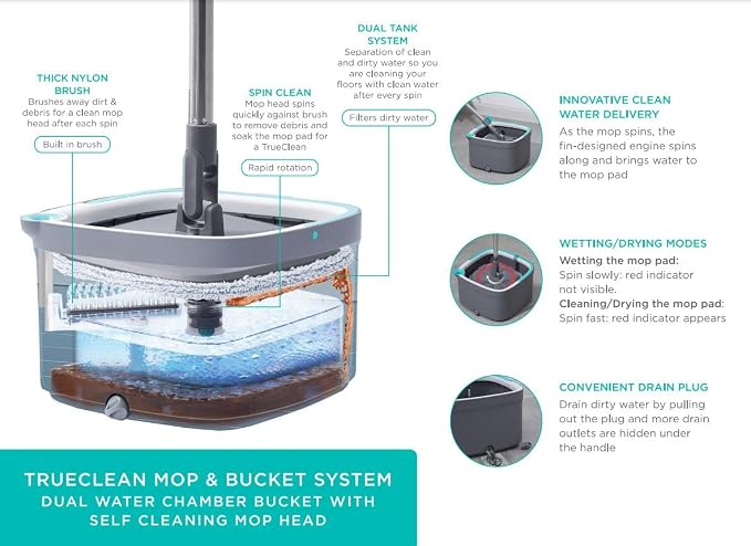 True & Tidy True Clean Spin Mop & Bucket System – Dual Compartment Design for Clean & Dirty Water, 360° Swivel Mop Head, Built-in Scrubbing Brush, Stainless Steel Handle & 2 Reusable Microfiber Pads