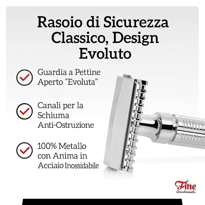 Mr. Fine Premium Double Edge Safety Razor for Wet Shaving, Single Blade Razor, Close Shave, Open-Comb Guard, 100% Metal w/Stainless Steel Core, 5 Feather Blades
