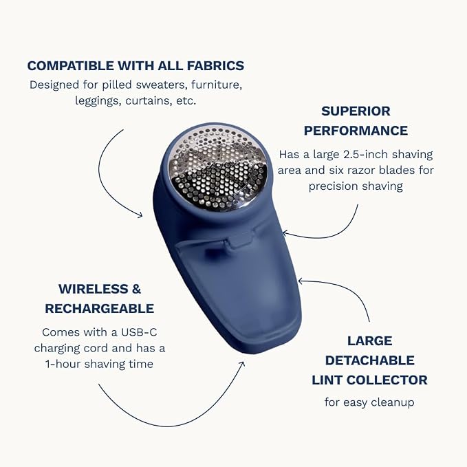 Nori Trim Fabric Shaver - Lint Remover for Clothes & Furniture - Navy | Couch pilling, sweater pill remover, clothes shaver with 6 precision blades, wireless and rechargeable