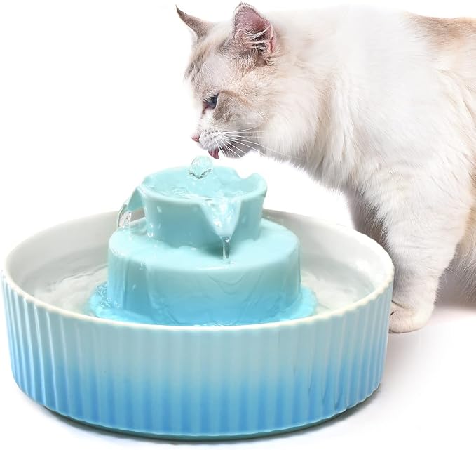 360 Ceramic Pet Fountain, Advanced Porcelain Cat Water Fountain, 70 oz.Drinking Fountains Bowl for Cat and Dogs with Replacement Filters and Foam (Green Blue)