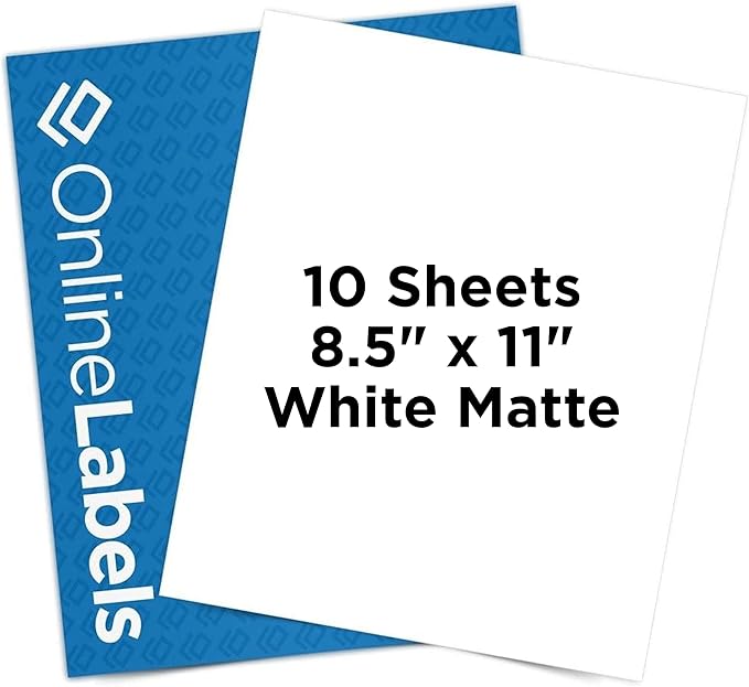 Sticker Paper, 10 Sheets, White Matte, 8.5" x 11" Full Sheet Label, Works with Inkjet and Laser Printer, Compatible with Electronic Cutting Machines, OL177WX, OnlineLabels