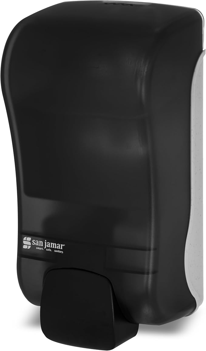 San Jamar Manual Soap Dispenser – 1300 mL Capacity Liquid Dispenser for Bulk Foaming Soaps, Wall Mount, Refillable with Transparent Reservoir Easy Push Bar for Commercial or Office Use, Black Pearl