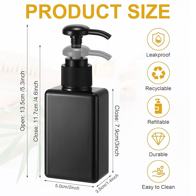 Domensi 6 Pcs 100ml /3.4 oz Pump Bottle Mini Travel Bottles Small Dispenser Containers Plastic Pump Lotion Dispenser Empty Square Travel Size Containers Toiletries (Whole Black)