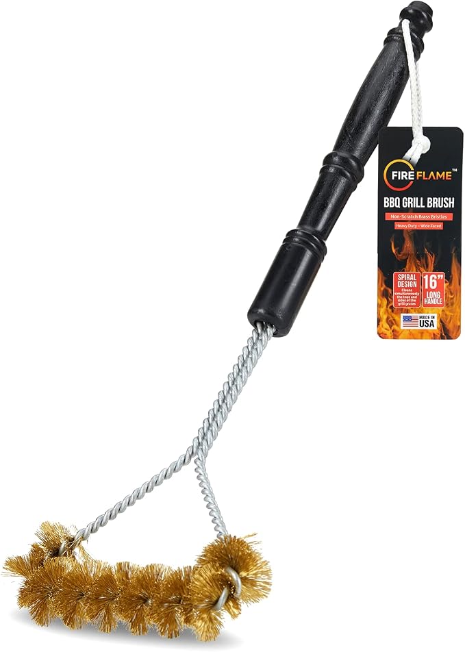 Fireflame BBQ Grill Brush – Non-Scratch Brass Bristles - 16-Inch Long Handle Barbecue Grill Cleaning Brush - Wide-Faced Spiral Heavy-Duty – Made in The USA