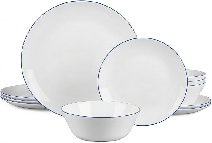 Dinnerware Sets for 4, 12 Piece Navy Blue Rim Opal Glass Set | Plates and bowls with dishwasher and microwave safe design, chip and scratch resistant dishware for stylish dining