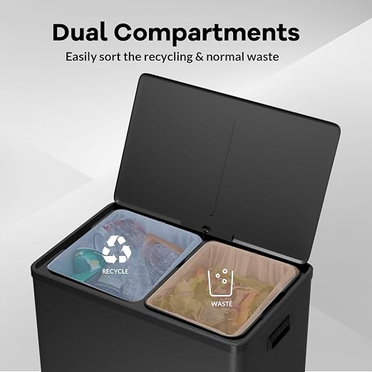 GarveeHome 60L/16 Gallon Dual Compartment Step Trash Can with Silent-Close Lid – Stainless Steel Recycling Bin for Kitchen, Office, Living Room – Odor Control & Pet-Proof Design
