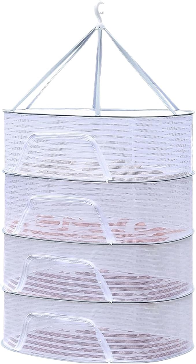 Foldable Drying Net for Vegetables, Fish, and Dehydrated Goods, Multi-Tiered Food Drying Net, Versatile Drying Rack, Windproof Design, Zipper Closure for Insect Protection 4Layer White