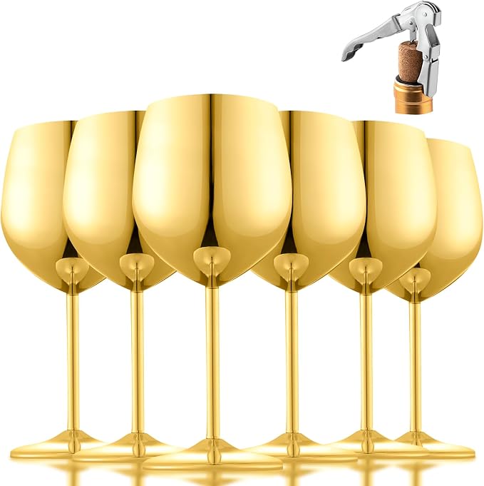 UNISWEET Stainless Steel Wine Glasses Set of 6 with 1 Corkscrew, Gold | 17oz Unbreakable Metal Wine Goblets, Reusable & Sturdy, Ideal for Outdoor, Travel, Camping, Pool, Gift for Wine Lovers