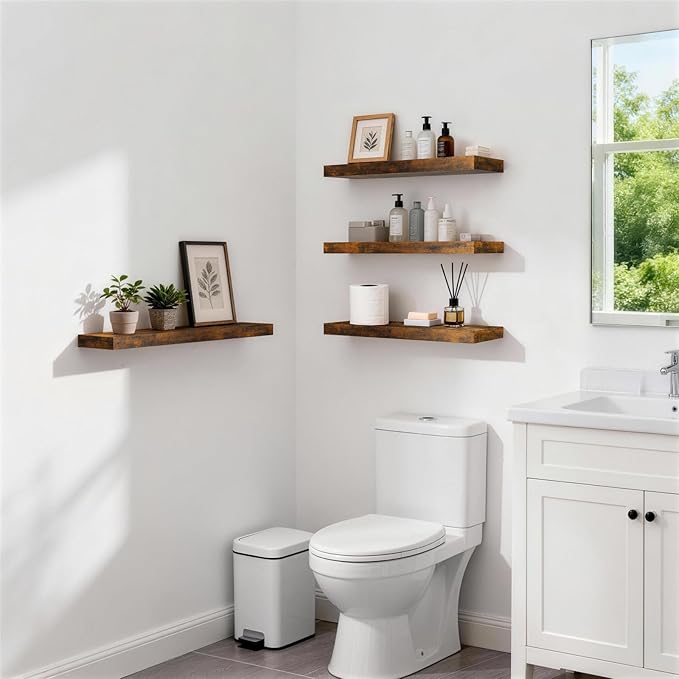 BAYKA Floating Shelves for Wall, Set of 3, 22.5 Inch Rustic Wood Wall Mounted Shelving for Bathroom, Bedroom, Living Room or Kitchen, Hanging Display Decor Book Shelf with 22 lbs, Rustic Brown