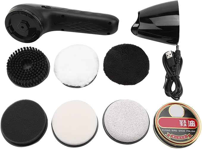USB Rechargeable Electric Shoe Brush with 6 Brush Heads for Leather Shoes Polishing and Cleaning, Cordless Handheld Polisher for Travel Home