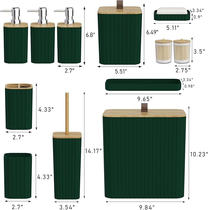 Bathroom Accessory Set - Green Bathroom Set, 12PC Bathroom Accessories Set, Green Bathroom Accessories Set, Mini Trash Can, Toilet Brush, Trash Can & Soap Dispenser