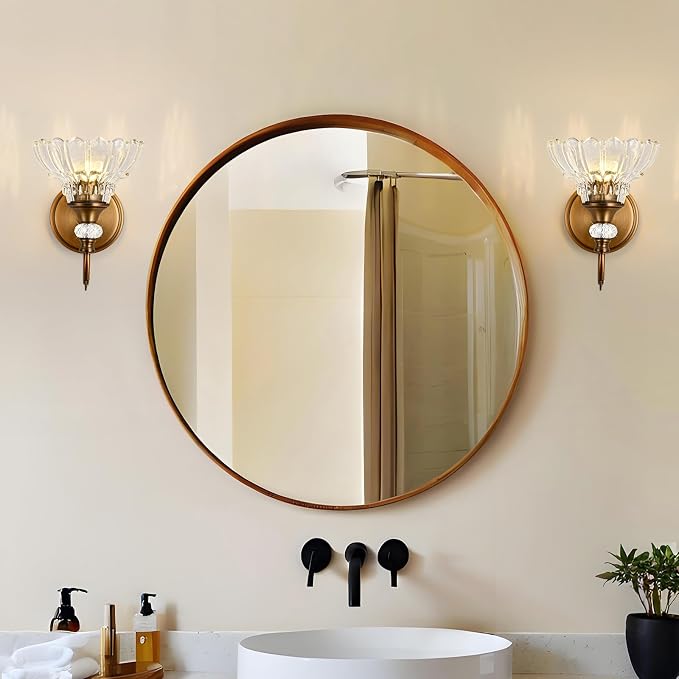 1 Piece Vintage Wall Sconce, 1-Light Matte Antique Brass Finish Wall Sconce with Hanging Crystal Accents and Flower-Shaped Clear Shades for Bathroom Bedroom Living Room,Vintage Vanity Light