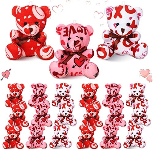 Haull 18 Pcs Valentine Heart Stuffed Animals Bears Bulk Gifts Plush Bears Bulk Mini Soft Stuffed Toys Small Cute Plush 4" for Adults Party Favors Home(XOXO)