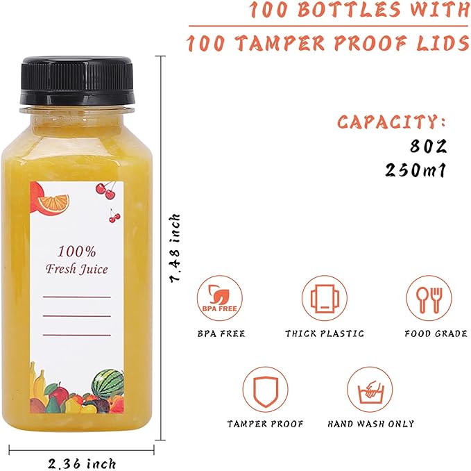 OBKJJ Plastic Juice Bottles 150 pcs 8 oz Empty Plastic Water Bottles with Caps Reusable Clear Beverage Containers for Drinking, Juicing, Smoothie, Water with 2 Brushes, 2 Funnels, 160 Stickers (8 OZ)