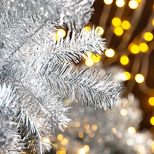Glitzhome 7.5ft Silve Pencil Tinsel Artificial Christmas Tree, Holiday Hinged Fir Christmas Tree with 1188 Branch Tips and Metal Foldable Stand for Home Office Party Holiday Decoration
