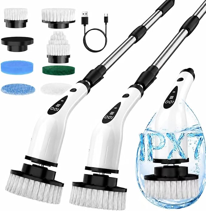 Electric Spin Scrubber, 3-Speed Cordless Cleaning Brush with 8 Brush Heads & Base, IPX7 Waterproof, Adjustable Long Handle, Digital Display, 2500mAh Fast Charging, for Bathroom, Tub, Tile, Floor