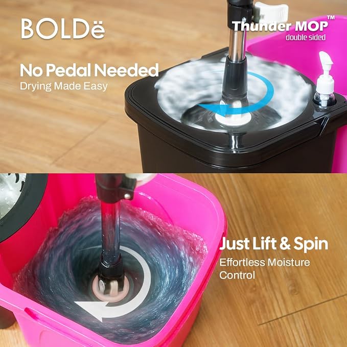 Thunder Mop Spin System - Double-Sided - 3 Free Refills (Yellow/Blue) | 2 Compact Stackable 6L Buckets, Microfiber Head, Stainless Steel Wringer, Antifungal Quick-Dry Cleaning, Soap Dispenser
