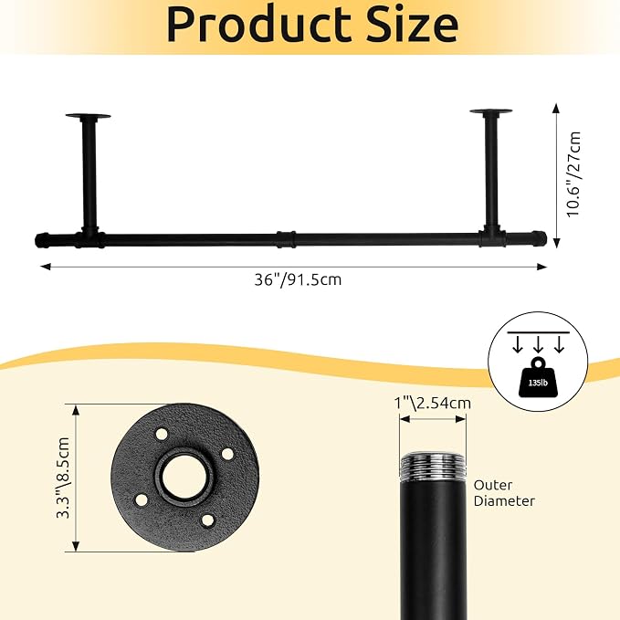 Oroonoko Wall Mounted Clothes Rack, Closet Rod Drying Rack, 36inch, Black | Industrial Pipe Rack, Iron, Max Load 132lbs, For Laundry Room and Balcony, Space Saving, Easy to Install, Plants hanging
