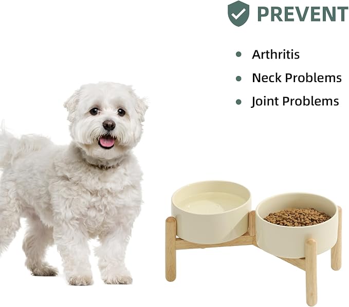 Havniva Elevated Dog Bowls Ceramic Dog Bowls with Stand, Dog Food Bowl | 6.1” Raised Dog Bowls with Non-Slip Wood Stand, Dog Food and Water Bowl Set, Double Dog Feeding Bowls for Small & Medium Dogs