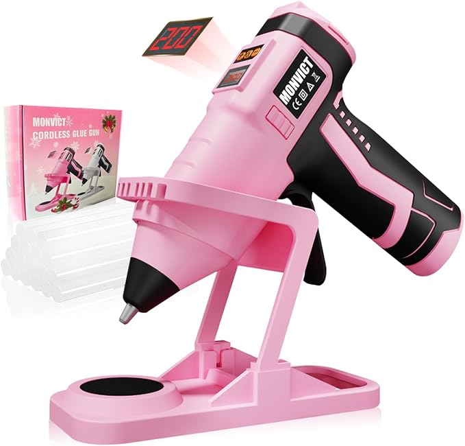 MONVICT Cordless Hot Glue Gun with Holder Base | Digital Display,Adjustable Temp,Smart Auto-Off,Silicone Pad,7.4V 2.6Ah Rechargeable Battery, Full Size,10 Glue Sticks