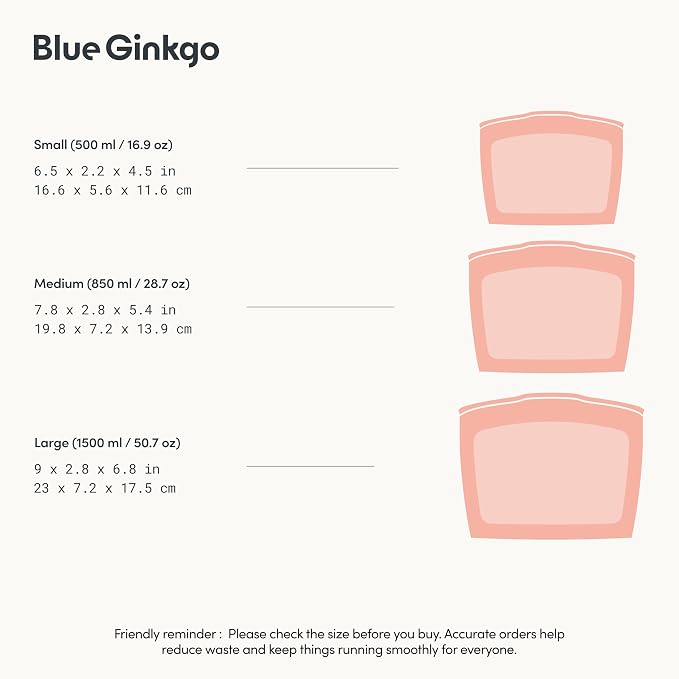 Blue Ginkgo Reusable Silicone Storage Bags – 3-Pack | Korean-Made Stand Up Food, Freezer Bags - Peach