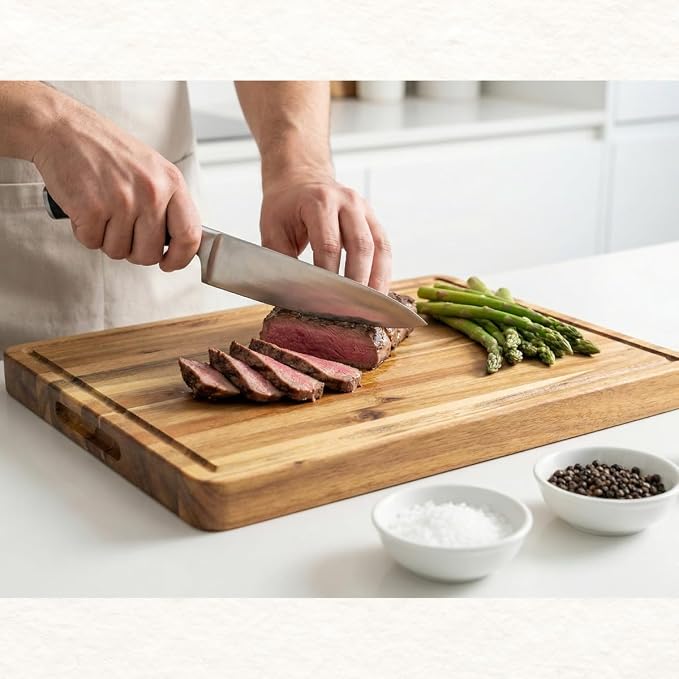 Square Acacia Wood Cutting Boards for Kitchen, 1.5 in Thick Butcher Block Construction for Stability, 14 in Square Cutting Boards with Gift Box, Juice Groove and Handle