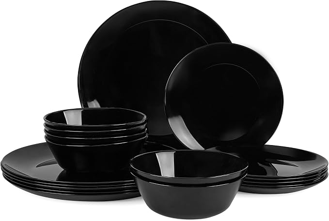 Dinnerware Sets for 6, 18 Piece Black Opal Glass Dish Set | Plates and bowls with dishwasher and microwave safe features, chip and scratch resistant dishware for family meals