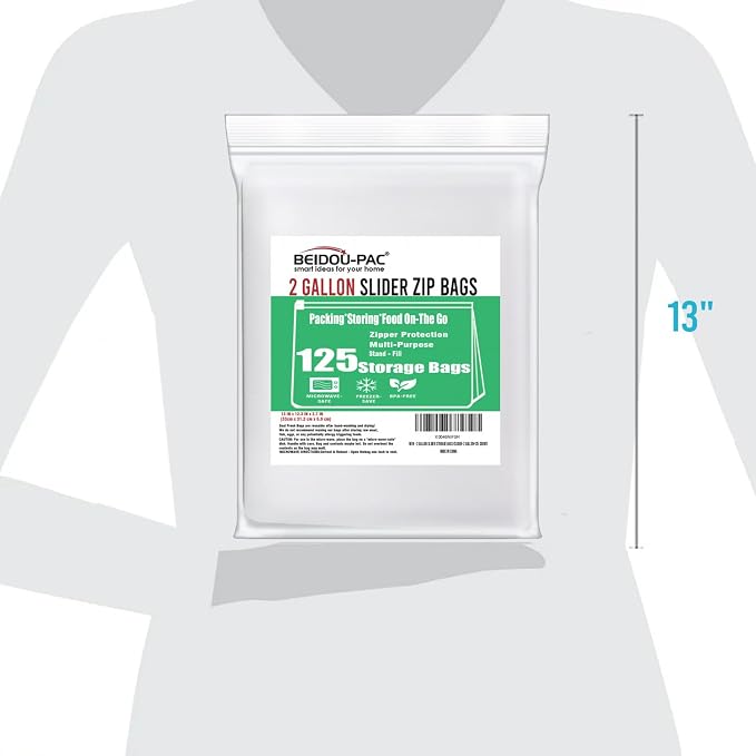 BEIDOU-PAC 2 Gallon Large Slider Food Storage Freezer Bags, 125 Count | 2 Mil | 13" x 12.3" | Heavy-Duty Freshness Easy Open Reclosable Clear Plastic Bags (Slider-2 gallon-125count)