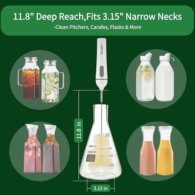 Electric Bottle Brush Cleaner, Fully Waterproof 11.8" Deep Reach Bottle Brush with 6 Brush Heads & Storage Stand, Rechargeable Bottle Cleaner for Water Bottles, Wine Decanters, Glass Pitcher & Straws