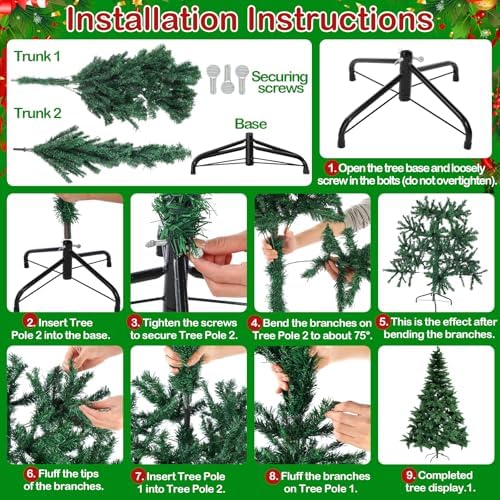 6ft DIY Christmas Tree Kit Artificial Christmas Tree with Lights and Ornaments 48'' Xmas Trees Skirt 65 x 30 x 15'' Storage Bag, LED Holiday Xmas Trees for DIY Home Decor(Red,Classic)