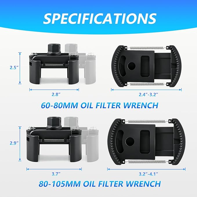 2 PCS Adjustable Oil Filter Wrench Set, 60-80 mm & 80-105 mm Universal Oil Filter Removal Tool, 1/2" & 22mm Drive Non-Slip Auto Clamp Wrench for Car Spin-On Filters