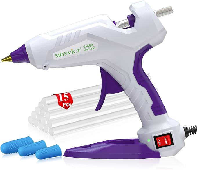 MONVICT Full Size Hot Glue Gun, Dual Temp 60/100W Base Stand | Heavy Duty Kit with 15 Pcs Glue Sticks & 3 Finger Protectors for Sealing Wax, Quick Repairs, DIY, Art & Crafts