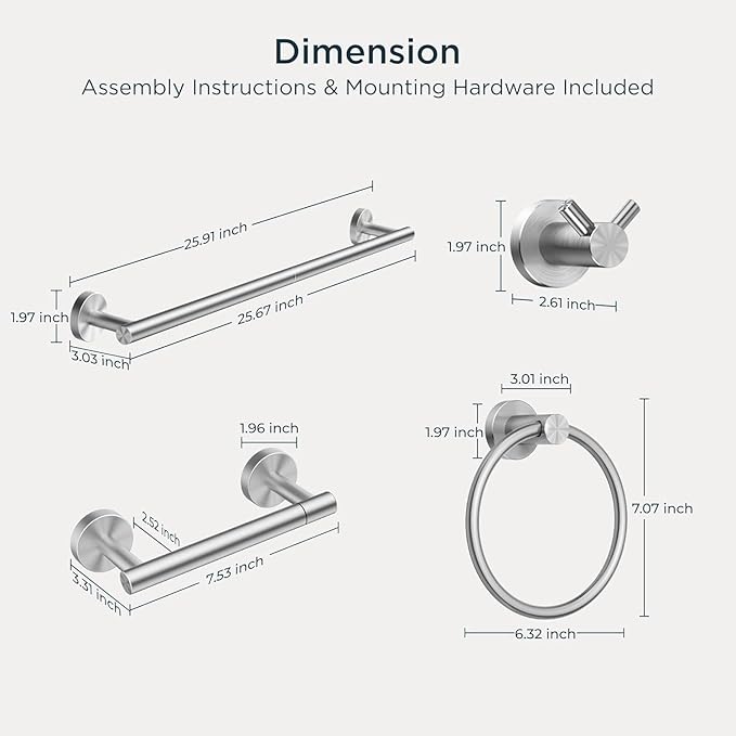 FORIOUS Bathroom Hardware Accessories Set, SUS304 Stainless Steel Towel Bar Set, Modern Towel Racks Holder for Bathroom, Toilet Paper Holder Wall Mounted 8 Pieces(24" Bar, Brushed Nickel, 2 Pack)
