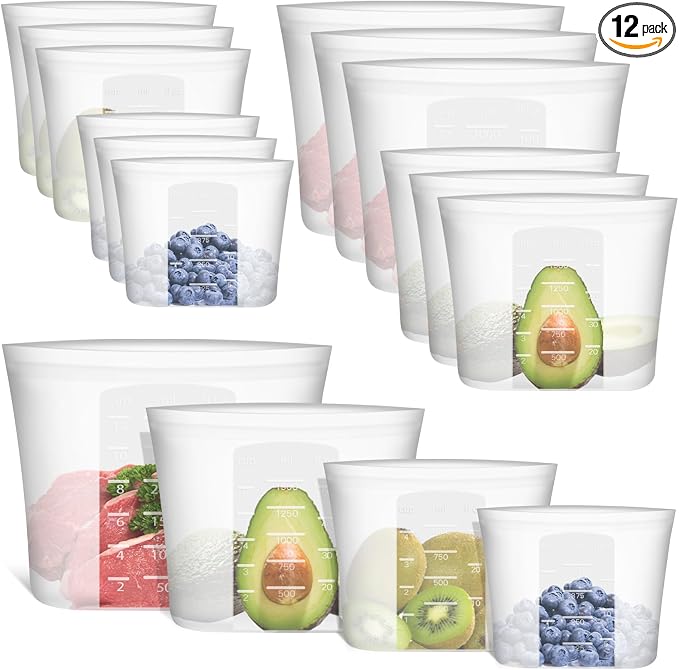 Reusable Storage Bag, 12 Pack 100% Silicone Food Storage Bags Stand Up Zip Lock Bags for Food, Freezer Microwave Oven Dishwasher Safe, 3 Extra Large(0.8 Gallon) 3 Medium 3 Small 3 X-Small, Translucent
