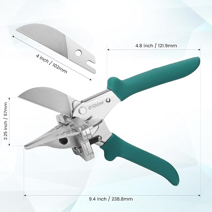 O'Shine Professional Long Handle Miter Shears, Multi Angle Base Shoe Cutter with 30% Effort Saving, 45 to 135 Degree Hand Trim Cutter for Shoe Molding & Quarter Round, 1 Extra Replacement Blade