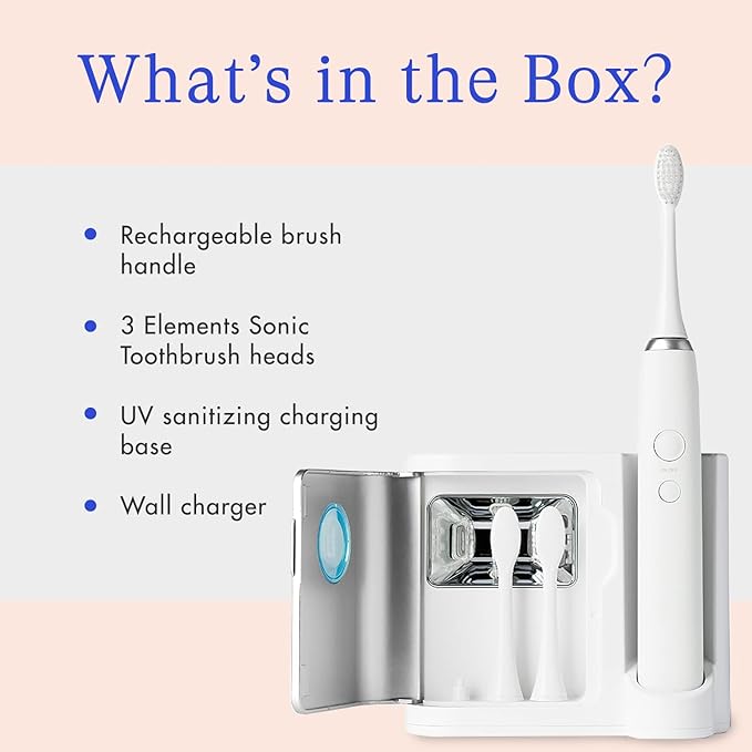 Vanity Planet Elements Ultrasonic Electric Toothbrush - Silver - Advanced Oral Care with UV Sanitizing Charger Base with 3 Replacement Heads - 99.9% Effective Keeping Your Teeth Clean