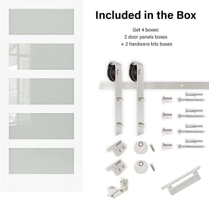 60" x 80" Pre-Assembled Double Barn Door and 12FT Sliding Door Hardware Kit Included, 5-Lites Frosted Glass White Sliding Barn Door for Closet Bathroom Bedroom, Solid & Water-Resistant MDF, Paintable