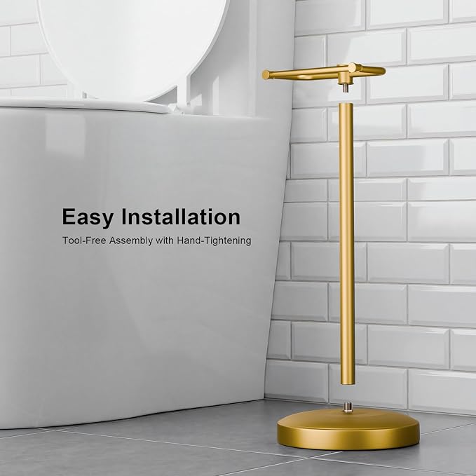 Freestanding Toilet Paper Holder Stand, Heavy Duty Brushed Brass Stainless Steel Toilet Paper Holder with Weighted Base, Rustproof & Tool-Free Installation for Modern Bathrooms