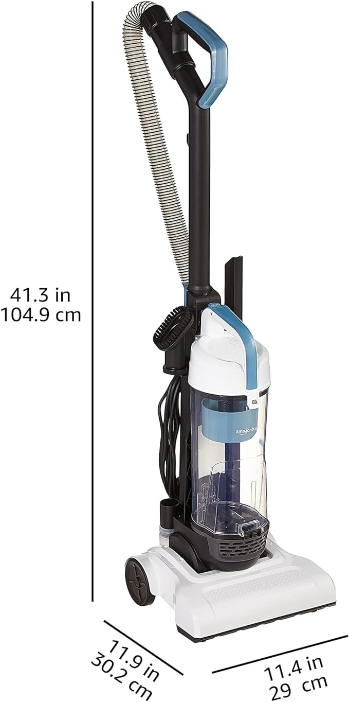 Amazon Basics Upright Bagless Vacuum Cleaner for Carpet and Hard Floors, Washable Filter, Crevice and Upholstery Tools, Detachable Handle, Lightweight, 1.7L Dust Cup, 25ft Cord, Black/White