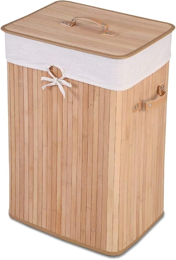 Byroce Bamboo Laundry Basket, Collapsible Laundry Hamper with Lid, Removable Liner & Handles, Dirty Clothes Toys Storage Bin for Laundry Room, Bedroom, Bathroom (Beige)