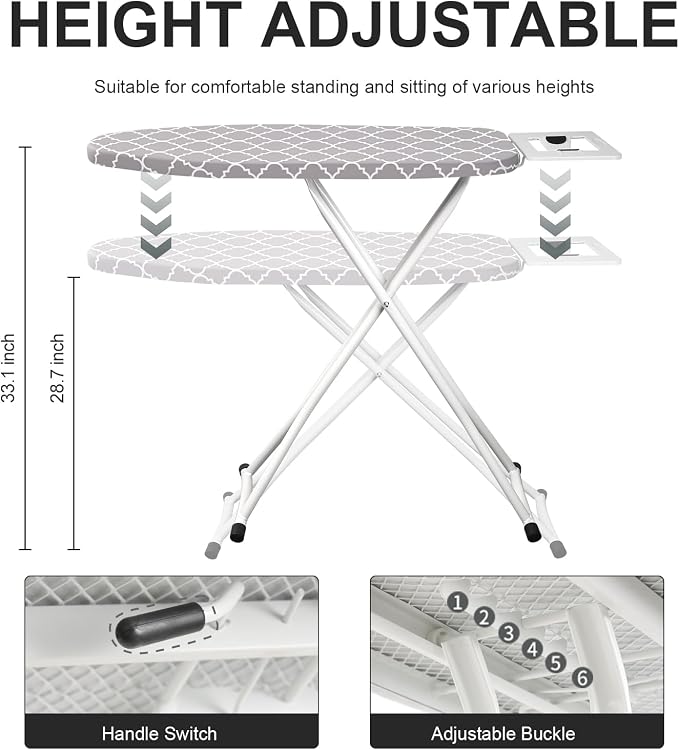 Ironing Board,Foldable Ironing Board Adjustable Height Compact Iron Board Thick Steel Tube Iron Board with Holder,Replacing Cloth Cover and Mini Handheld Gloves,Gift for Women(Grey Texture)