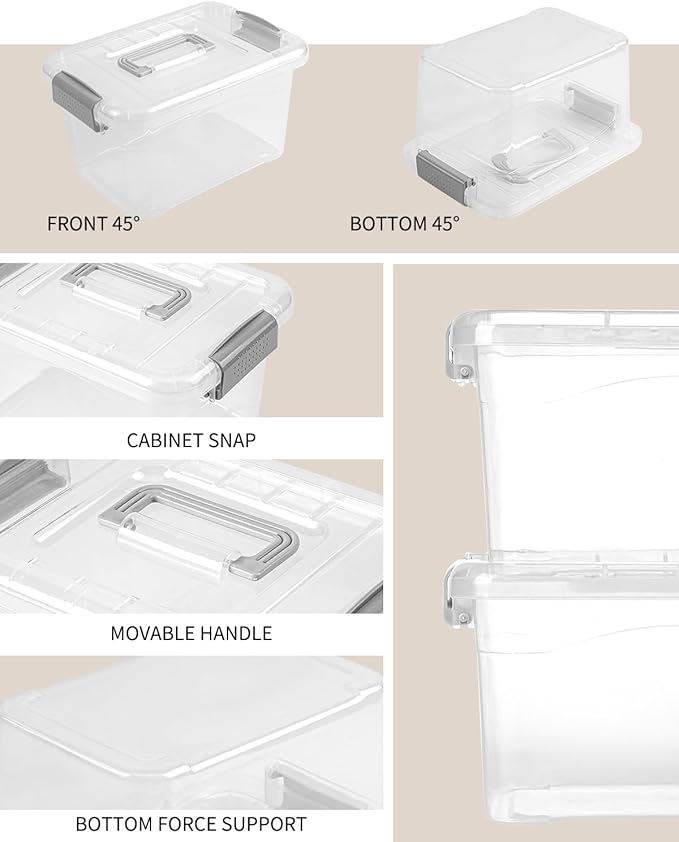 EOENVIVS Plastic Storage Bins 7 Quart-Storage Organizer Bins with Grey Buckle Lids, Stackable Storage Bins with Lids for Home Office Kids Room Closet School Art Supplies Organization,6 Packs, Clear